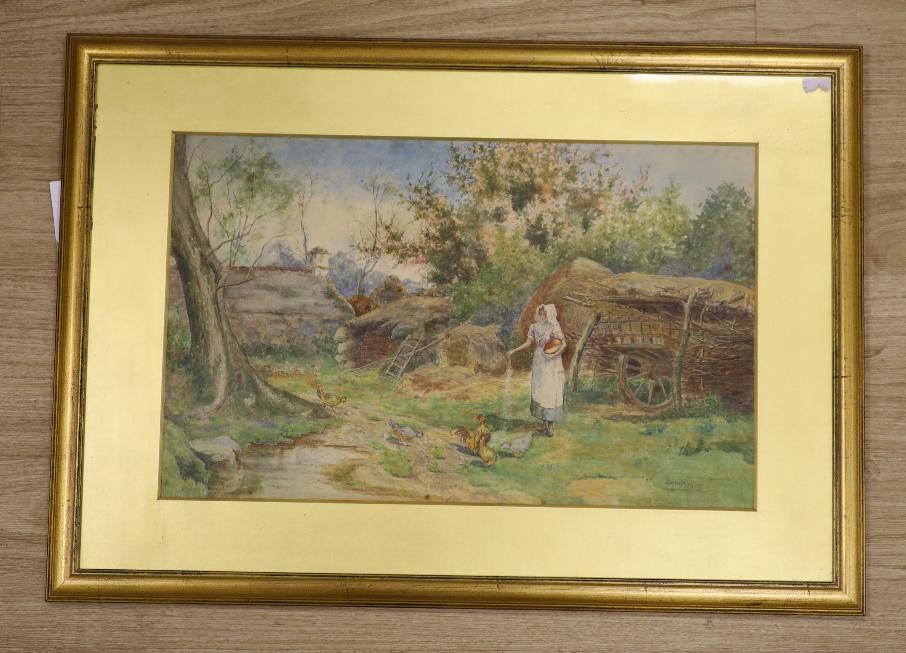 Ben Hoyles, watercolour, Woman feeding chickens, signed, 35 x 56cm